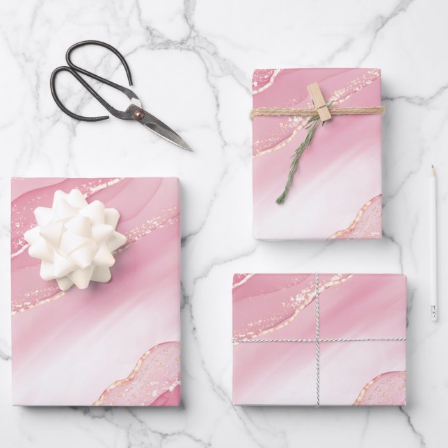 Feuille De Papier Cadeau Marbre d'aquarelle rose mignonne avec Parties scin (Recto)