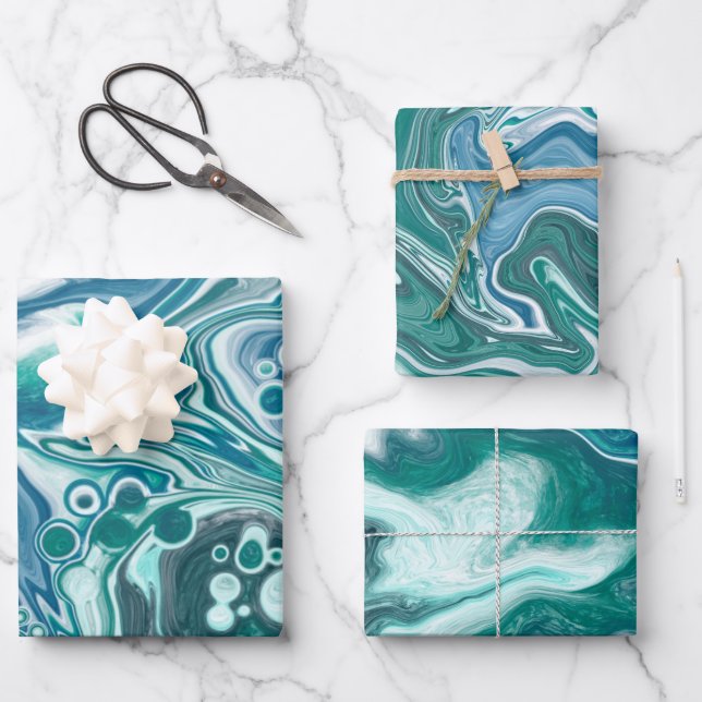 Feuille De Papier Cadeau Marbre d'art fluide bleu (Recto)