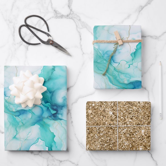 Feuille De Papier Cadeau Marbre d'encre or Mint Aqua (Recto)