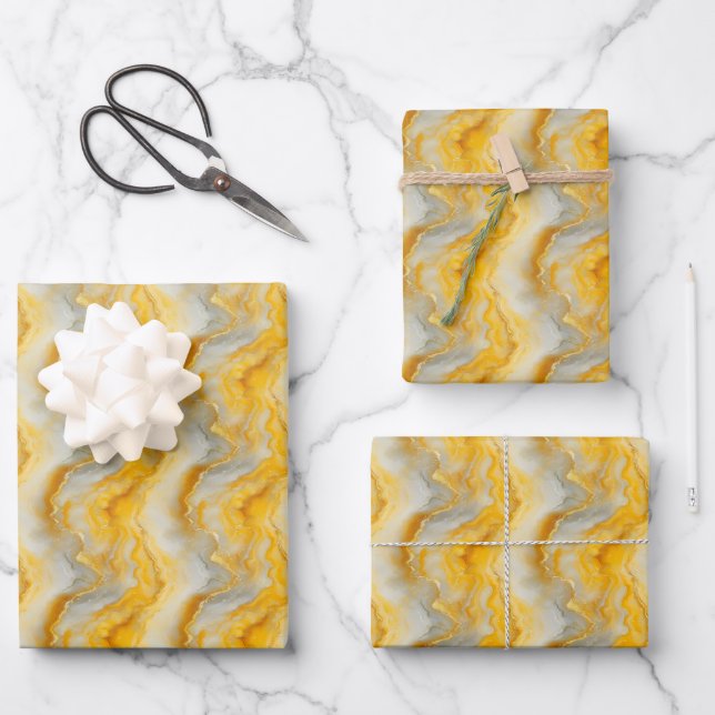 Feuille De Papier Cadeau Marbre Jaune, Gris & Or (Recto)