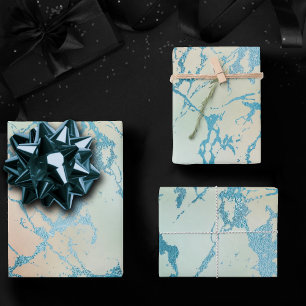 Feuille De Papier Cadeau Marbre Luxe   Veines Jaune et Corail Turquoise Élé