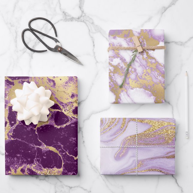 Feuille De Papier Cadeau Marbre moderne violet, blanc et or (Recto)