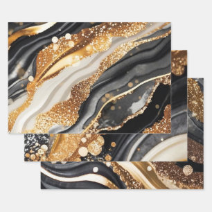 Feuille De Papier Cadeau Marbre Noir Élégant Doré Paillettes Art Abstrait