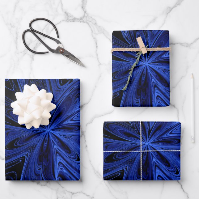 Feuille De Papier Cadeau Marbre noir et bleu Flore Fractale (Recto)