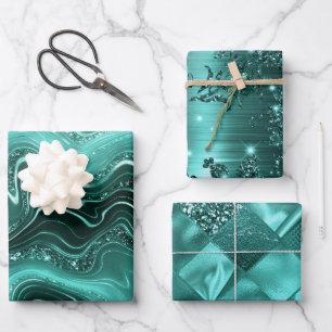 Feuille De Papier Cadeau Marbre pailleté sarcelle élégant, diamants et flor