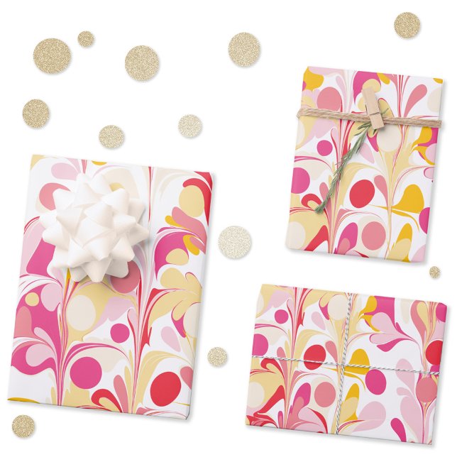 Feuille De Papier Cadeau Marbre rétro Abstrait Motif rose rouge jaune (Retro abstract marble pattern pink yellow wrapping paper sheets)