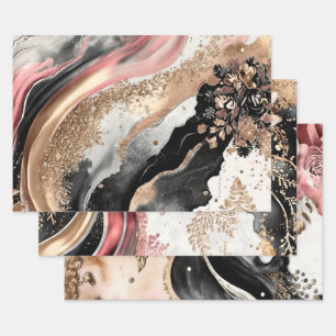 Feuille De Papier Cadeau Marbre Rose Doré Fleurs Paillettes Design Abstrait