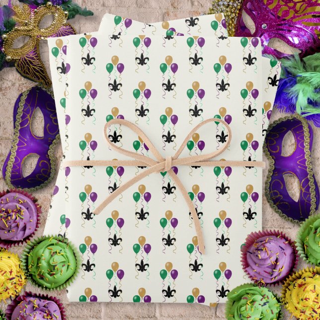 Feuille De Papier Cadeau Mardi Gras Black FleurDeLis avec des ballons sur i (Mardi Gras Black FleurDeLis with Balloons on Ivory Wrapping Paper Sheets by Leapfroglisics Shop)