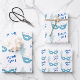 Feuille De Papier Cadeau Mardi Gras Célébration Masques Bleus Plumes