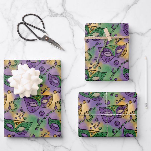 Feuille De Papier Cadeau Mardi Gras Masks and Beads Purple Green Yellow (Recto)