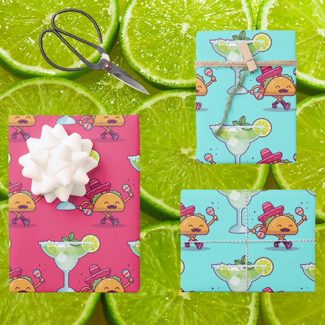 Feuille De Papier Cadeau Margaritas et Tacos Anniversaire rose et bleu (Créateur téléchargé)