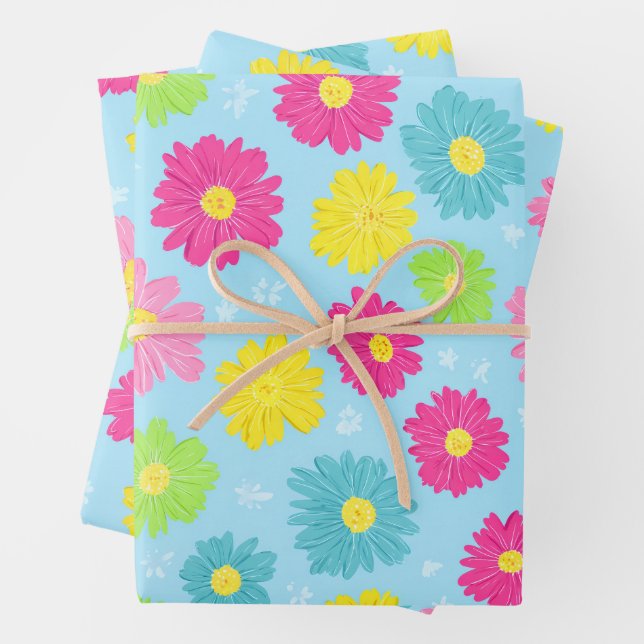 Feuille De Papier Cadeau Marguerites Colorées (En situation)