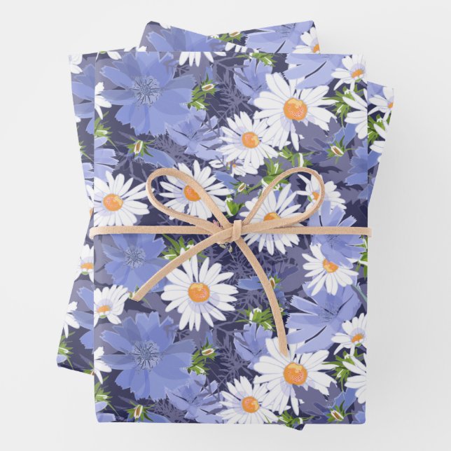 Feuille De Papier Cadeau Marguerites Pâquerettes Pervenches Floral (En situation)