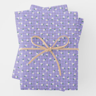Feuille De Papier Cadeau Marguerites sur Carreaux Violets (petite échelle)