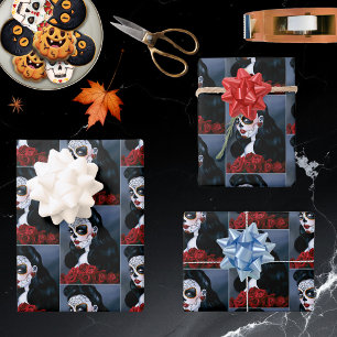 Feuille De Papier Cadeau Maria Sugar SKull Roses rouges