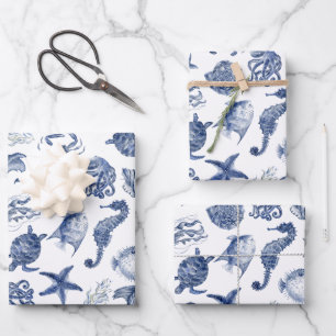 Feuille De Papier Cadeau Mariage à l'aquarelle moderne bleu de plage côtièr