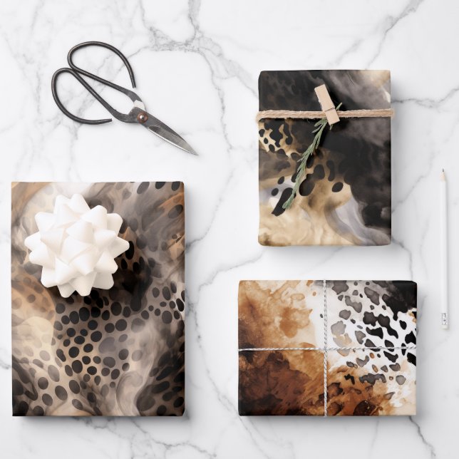 Feuille De Papier Cadeau Mariage Animalier Léopard Crème Noir (Recto)