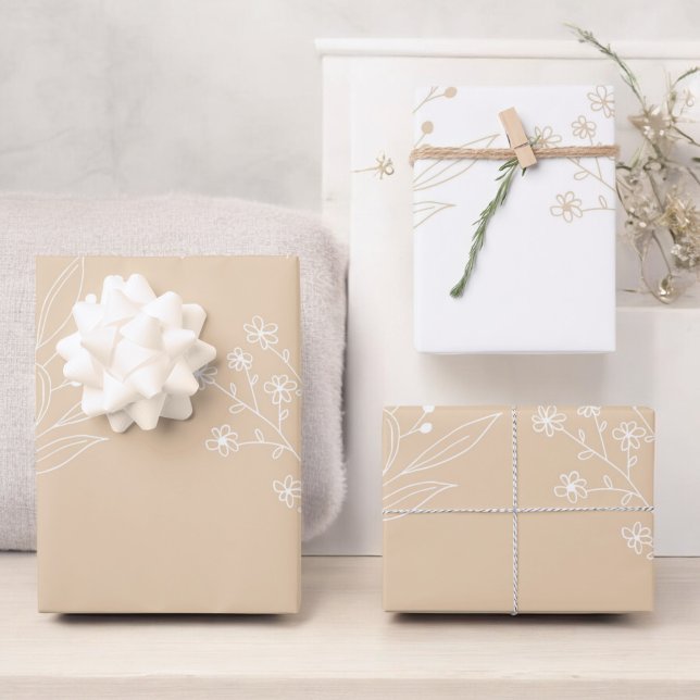 Feuille De Papier Cadeau Mariage Boho Floral Blanc Beige Corner (Créateur téléchargé)