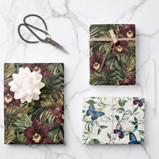 Feuille De Papier Cadeau Mariage Burgundy Fleur Orchidée Papillon Rouge (Recto)