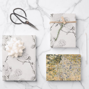 Feuille De Papier Cadeau Mariage Élégant Fleurs Automnales Noir Crème
