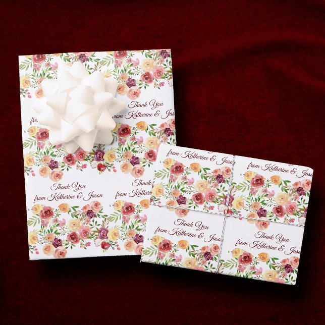 Feuille De Papier Cadeau Mariage élégant floral bordeaux rouge Monogramme (Créateur téléchargé)