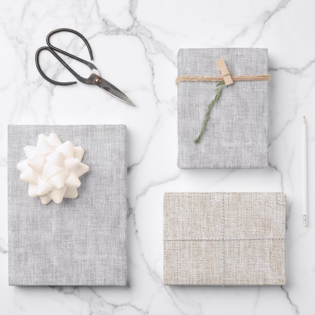 Feuille De Papier Cadeau Mariage Faux Lin Crème Gris (Recto)