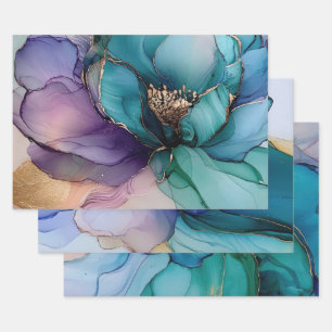 Feuille De Papier Cadeau Mariage Fleur Bleu Aqua Violet Doré Bain Nuptial