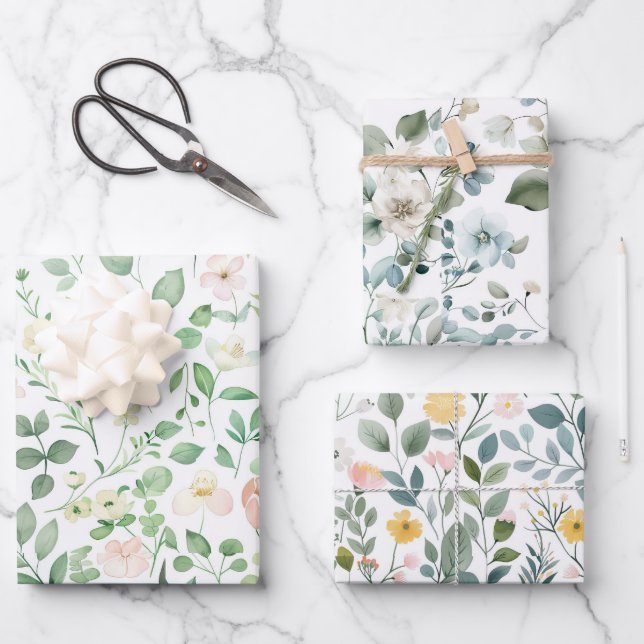 Feuille De Papier Cadeau Mariage Fleurie Rose Vert Bleu Shower de Mariée (Recto)