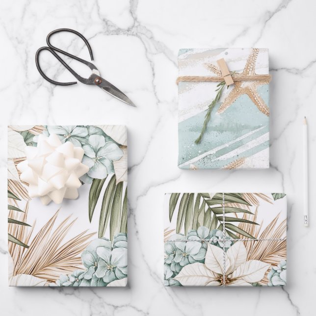 Feuille De Papier Cadeau Mariage Fleurs Blanches Bleues Tropicales (Recto)