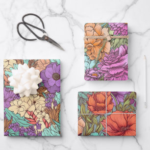 Feuille De Papier Cadeau Mariage Floral Bohème Rétro Anniversaire