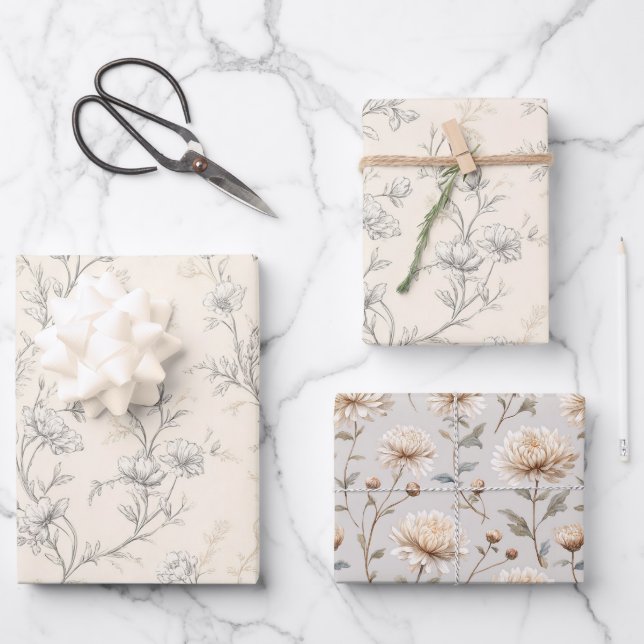 Feuille De Papier Cadeau Mariage Floral Chic Crème (Recto)