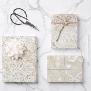 Feuille De Papier Cadeau Mariage Floral Crème Ivoire Romantique