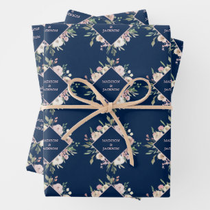 Feuille De Papier Cadeau Mariage Floral Élégant Navy Blush Rose Pivoine