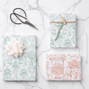 Feuille De Papier Cadeau Mariage Floral Menthe Chic Blanc Pêche