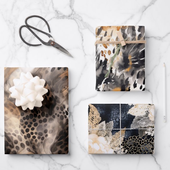 Feuille De Papier Cadeau Mariage Léopard Crème Noir Fleur Animal (Recto)