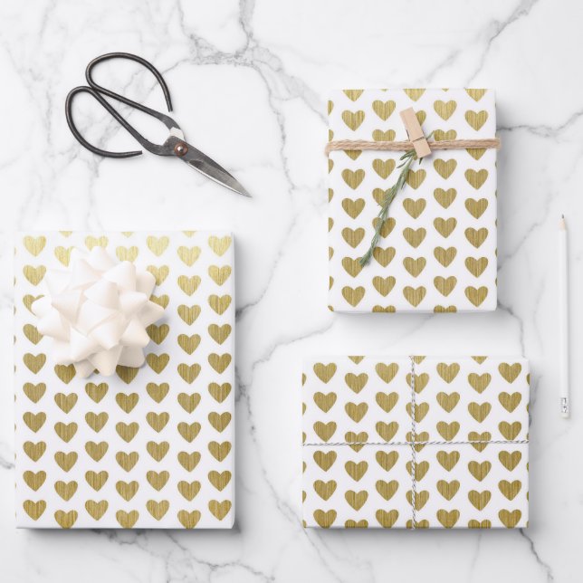 Feuille De Papier Cadeau Mariage Motif Elegant Gold Hearts (Recto)