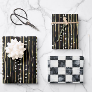 Feuille De Papier Cadeau Mariage Noir Or Blanc Perles
