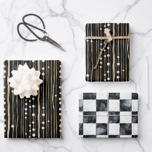 Feuille De Papier Cadeau Mariage Noir Or Blanc Perles (Recto)