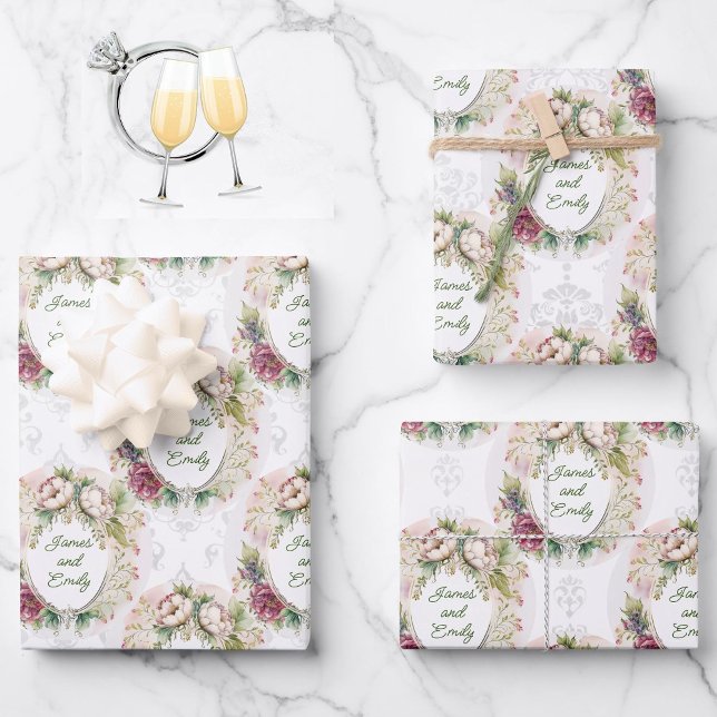 Feuille De Papier Cadeau Mariage Pays Rose Personnaliser les noms Damask 3 (Créateur téléchargé)