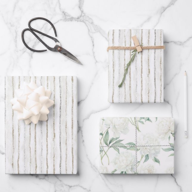 Feuille De Papier Cadeau Mariage Rayures Blanches Grises (Recto)