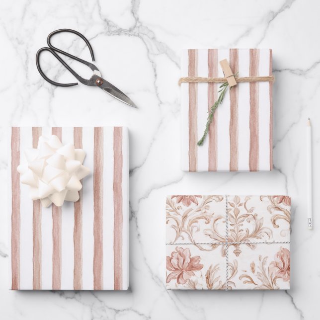 Feuille De Papier Cadeau Mariage Rose Pâle et Rayures Blanches (Recto)