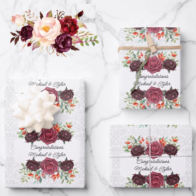 Feuille De Papier Cadeau Mariage Roses Bourguignon Personnaliser Noms 3 Dam (Créateur téléchargé)