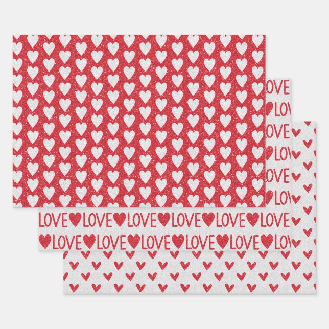 Feuille De Papier Cadeau Mariage Saint-Valentin Cœurs Pailletés Rouge et Bl (Lot)