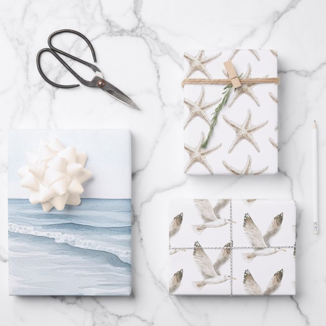 Feuille De Papier Cadeau Mariage sur la plage océane bleue (Recto)