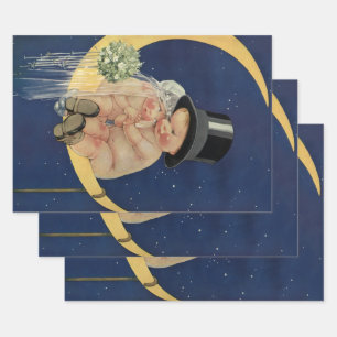 Feuille De Papier Cadeau Mariage Vintage, joli mariée et marié sur une Lune