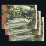 Feuille De Papier Cadeau Mariage Vintage, Mariée et Marié avec Ménorah<br><div class="desc">Illustration vintage d'amour et de romance de cérémonie de mariage représentant un couple se mariant dans une belle synagogue avec des vitraux,  des fleurs et une ménorah à sept branches. La mariée porte une longue robe de mariée blanche et le marié est élégant dans son smoking.</div>