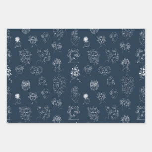 Feuille De Papier Cadeau Marine bleu et blanc Monster Line Art