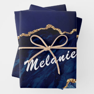 Feuille De Papier Cadeau Marine Blue Gold Nom personnalisé Enveloppement Fe