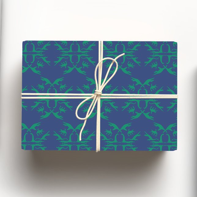 Feuille De Papier Cadeau Marine Blue & Green Loch Ness Monster Damask (Créateur téléchargé)