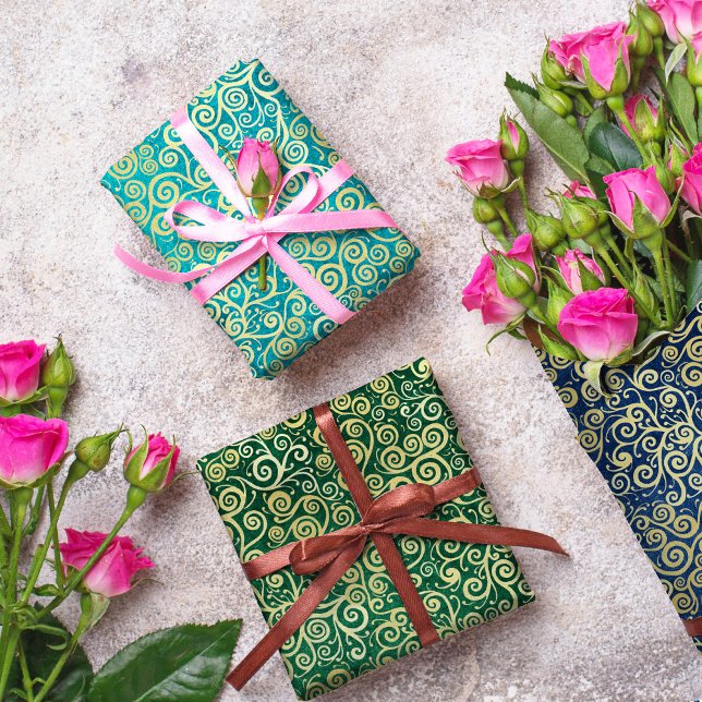 Feuille De Papier Cadeau Marine Blue Jade Vert Turquoise or tourbillons Mot (Créateur téléchargé)